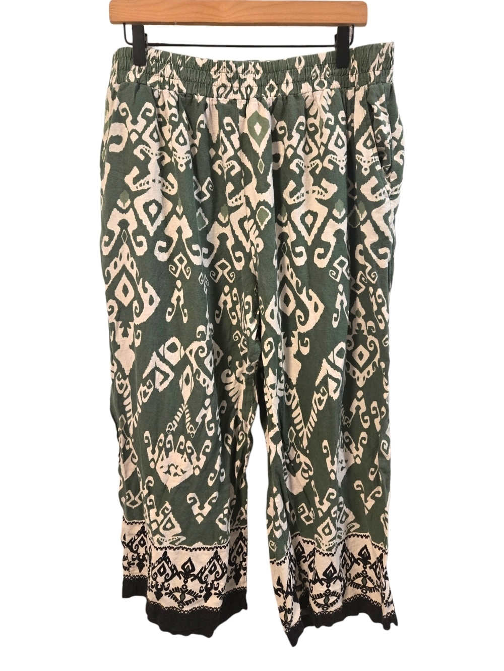 Haute Hippie Green Cream Boho Abstract Palazzo Wide Leg High Rise Pants Size 2X